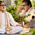 Amitabh Bachchan practising yoga, pranayama and meditation as part of a healthy ageing fitness routine at age 83