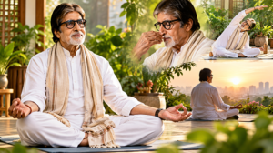 Amitabh Bachchan practising yoga, pranayama and meditation as part of a healthy ageing fitness routine at age 83