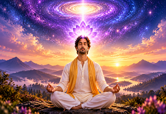 A man meditating beneath the Universal Mother in a radiant cosmic universe with a glowing lotus and purple galaxy.