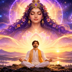 Man meditating beneath the Universal Mother in a radiant cosmic universe with a glowing lotus and purple galaxy.