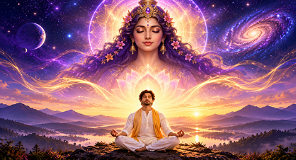 Man meditating beneath the Universal Mother in a radiant cosmic universe with a glowing lotus and purple galaxy.