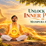 Man meditating in a yellow kurta with a glowing golden Manipura Chakra at sunrise