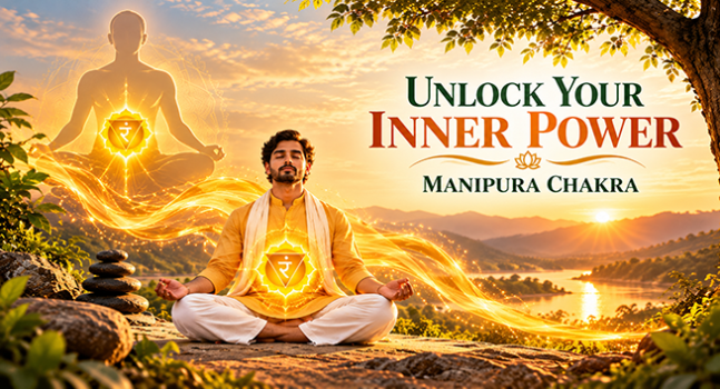 Man meditating in a yellow kurta with a glowing golden Manipura Chakra at sunrise