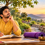 A man journaling beside a yoga mat at sunrise, symbolizing mindful intention, self-discipline, and purposeful daily practice.