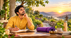 A man journaling beside a yoga mat at sunrise, symbolizing mindful intention, self-discipline, and purposeful daily practice.