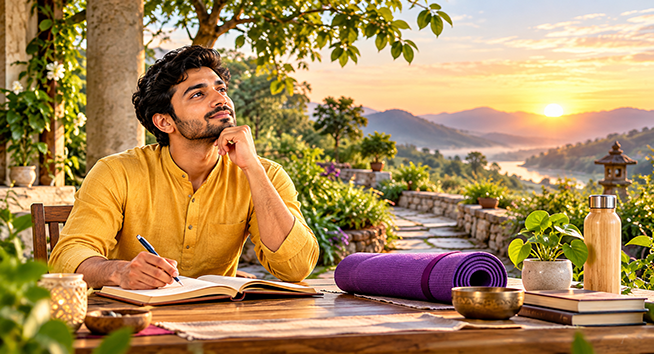 A man journaling beside a yoga mat at sunrise, symbolizing mindful intention, self-discipline, and purposeful daily practice.