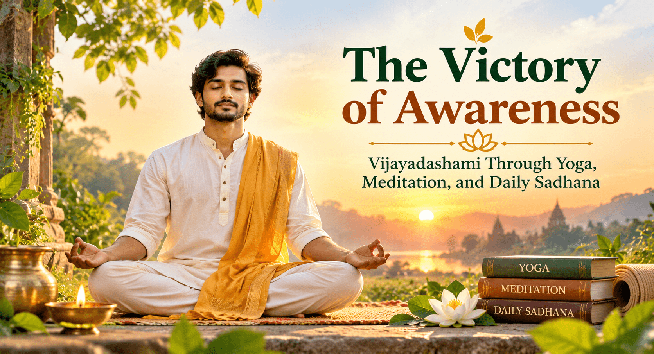 Vijayadashami spiritual significance illustrated through traditional Indian culture, yoga, self-awareness, and daily sadhana at sunrise