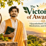A man in traditional Indian attire holding a spiritual book against a golden sunrise landscape, symbolizing Vijayadashami, yoga, meditation, and daily sadhana.