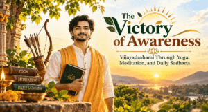 A man in traditional Indian attire holding a spiritual book against a golden sunrise landscape, symbolizing Vijayadashami, yoga, meditation, and daily sadhana.