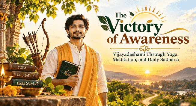 A man in traditional Indian attire holding a spiritual book against a golden sunrise landscape, symbolizing Vijayadashami, yoga, meditation, and daily sadhana.