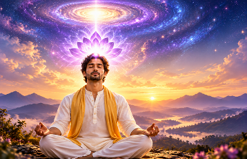A man meditating beneath a radiant lotus crown with cosmic light, symbolising divine energy and awareness beyond the crown chakra